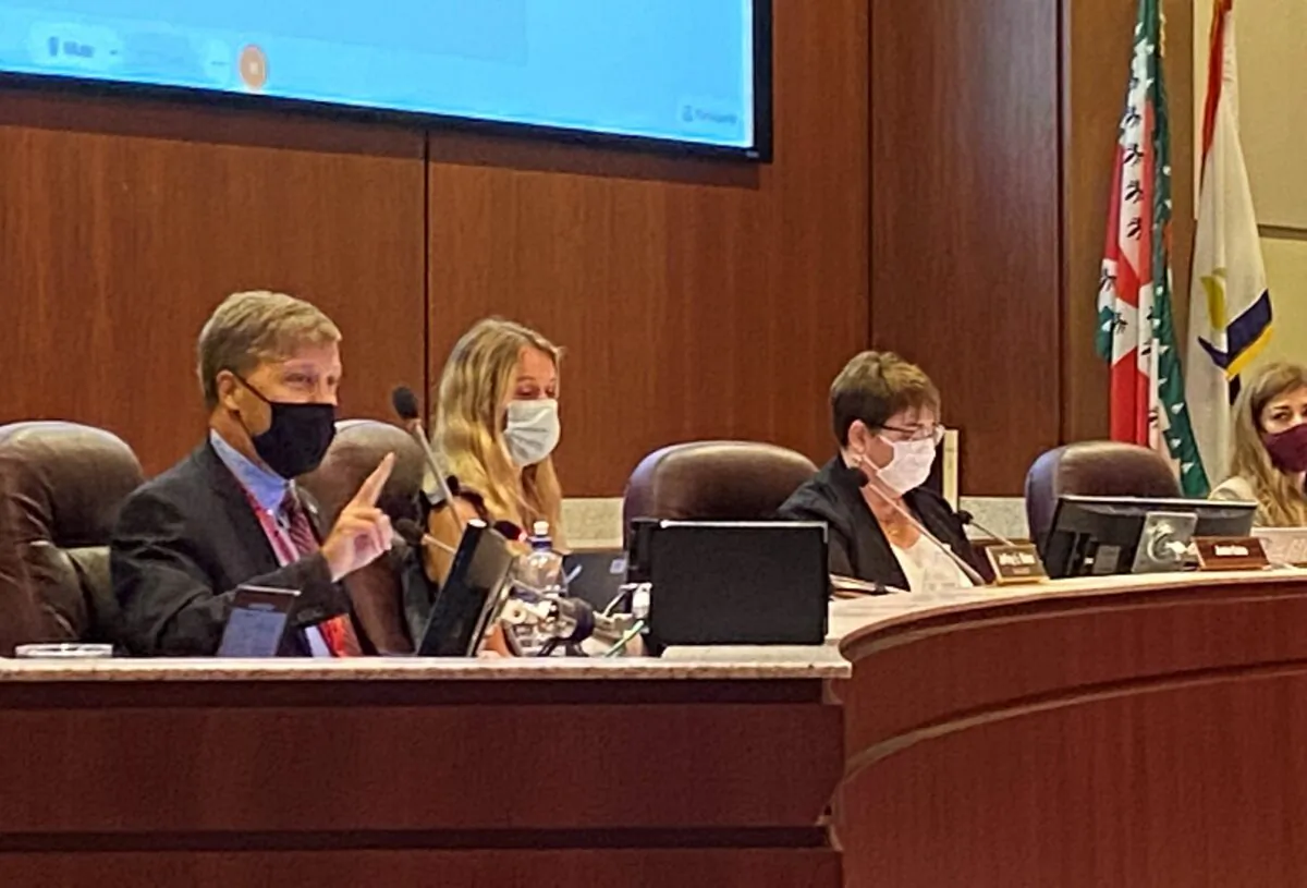 Loudoun County Public Schools board members are seen during a board meeting in Virginia on Aug. 11, 2021. (Terri Wu/The Epoch Times)