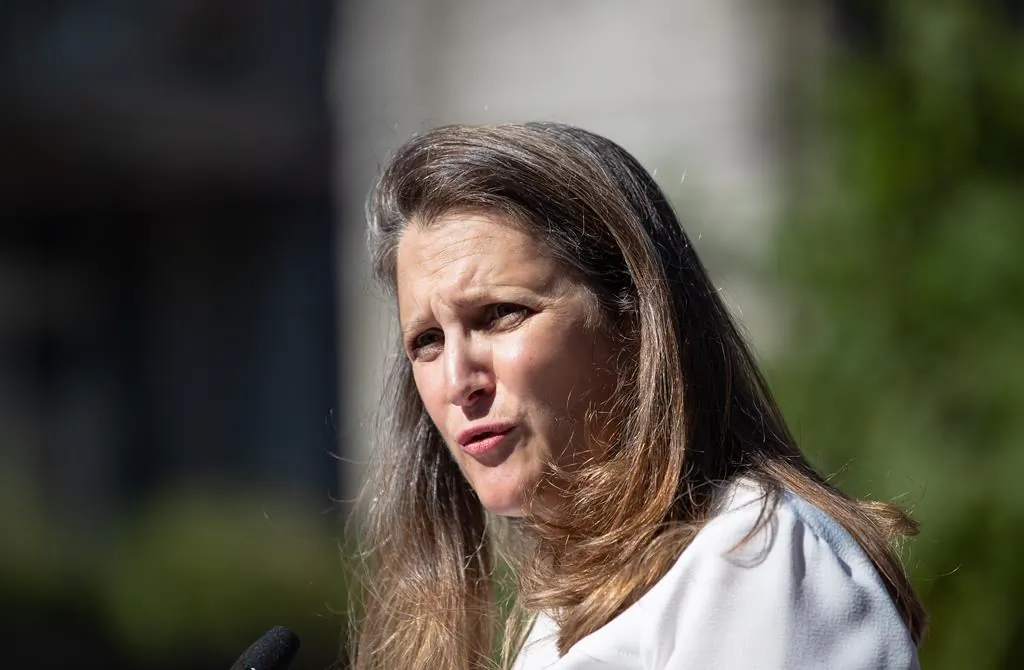 Chrystia Freeland, Deputy Prime Minister and Minister of Finance, responds to questions after a social housing funding announcement in the Downtown Eastside of Vancouver, on July 28, 2021. (The Canadian Press/Darryl Dyck)