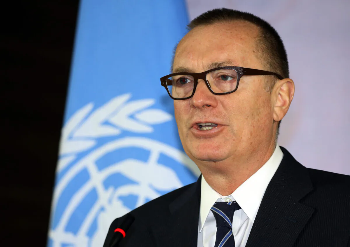 United Nations Undersecretary-General for Political Affairs Jeffrey Feltman speaks during a press conference in the Libyan capital Tripoli on Jan. 10, 2018. (Mahmud Turkia/AFP via Getty Images)