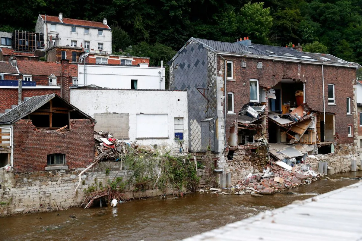 A building is destroyed after heavy rainfall in Pepinster, Belgium, on Aug. 9, 2021. (Johanna Geron/Reuters)