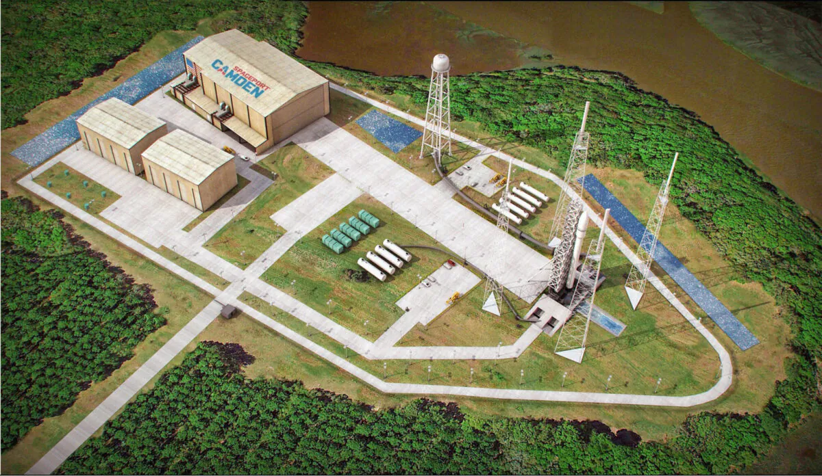 This artist's sketch provided by Spaceport Camden shows the launch pad complex of the proposed Spaceport Camden in Camden County, Ga. (Spaceport Camden via AP)