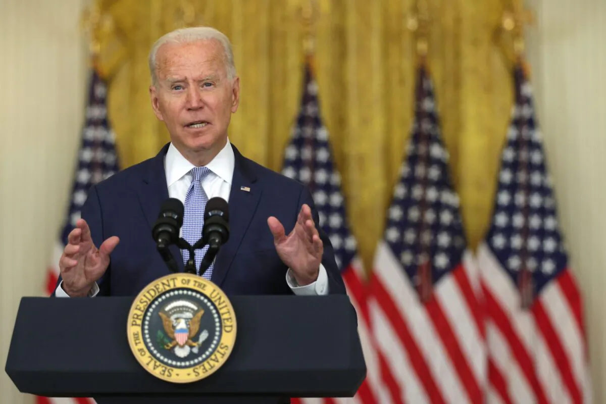 U.S. President Joe Biden delivers remarks during an East Room event at the White House in Washington on Aug. 12, 2021. (Alex Wong/Getty Images)