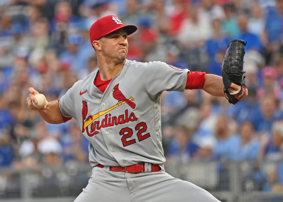 St. Louis Cardinals starting pitcher Jack Flaherty (22) delivers a pitch during the first inning against the Kansas City Royals at Kauffman Stadium, Kansas City, Missouri, on Aug. 13, 2021. (Peter Aiken/USA TODAY Sports)