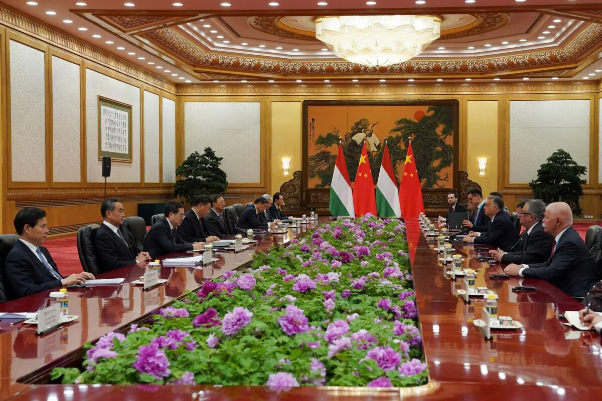 Chinese leader Xi Jinping meets Hungarian Prime Minister Viktor Orbán during the Second Belt and Road Forum at the Great Hall of the People in Beijing, China, on April 25, 2019. (Andrea Verdelli/Pool/Getty Images)