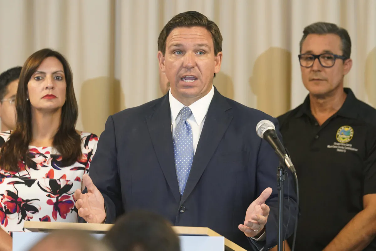 Florida Governor Ron DeSantis answers questions related to school openings and the wearing of masks, in Surfside, Fla., on Aug. 10, 2021. (Marta Lavandier/AP Photo)
