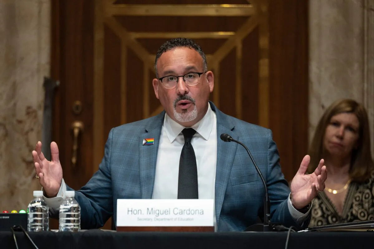 Education Secretary Miguel Cardona testifies before the Labor, Health, and Human Services, Education and Related Agencies Subcommittee on Capitol Hill on June 16, 2021. (Jim Watson / AFP) (Photo by JIM WATSON/AFP via Getty Images)