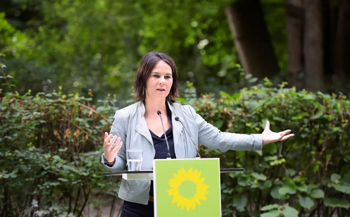 Co-leader of Germany's Green Party Annalena Baerbock, also candidate for chancellor of the Greens, in Biesenthal near Bernau, northeastern Germany, on Aug. 3, 2021. (Tobias Schwarz/Pool via Reuters)