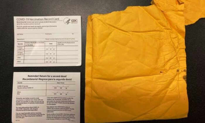 Counterfeit COVID-19 vaccination cards recently seized by Customs And Border Protection officers in Aug. 2021. (U.S. Customs And Border Protection)