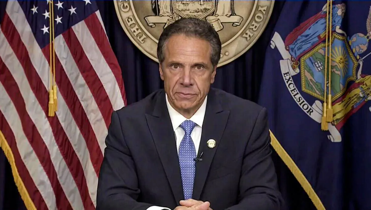 New York Gov. Andrew Cuomo announces he will resign in this screen grab taken from a video released by the Office of the N.Y. Governor, in New York, on Aug. 10, 2021. (Office of Governor Andrew M. Cuomo/Handout via Reuters)