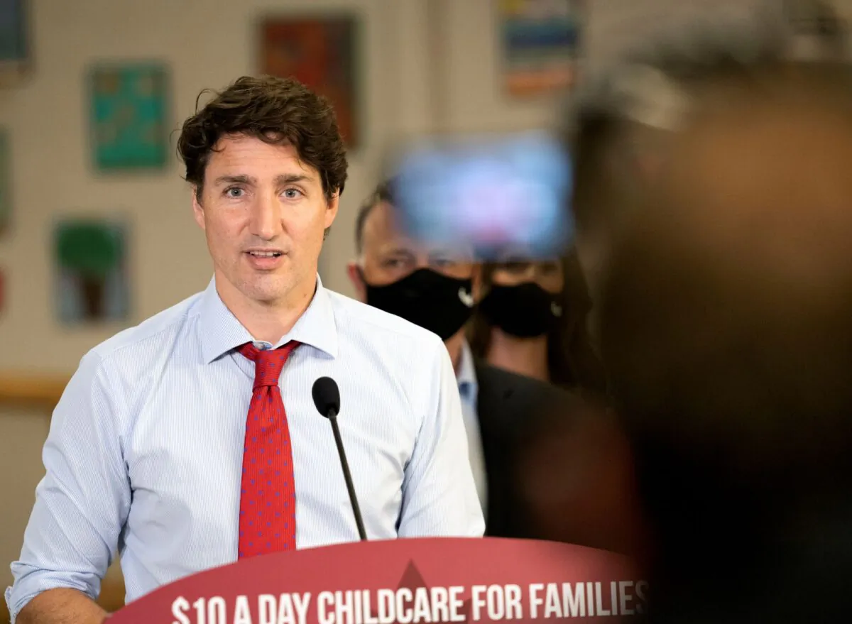 Canada's Prime Minister Justin Trudeau talks during a news conference at the daycare inside Carrefour de l'Isle-Saint-Jean school in Charlottetown, Prince Edward Island, Canada, on July 27, 2021. (John Morris/Reuters)