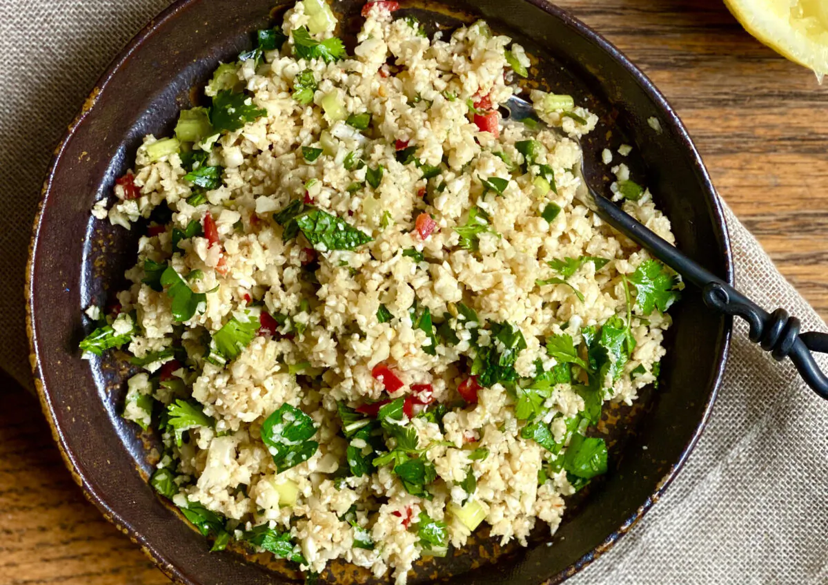 Nutty, crisp-tender bits fo cauliflower stand in for traditional couscous in this wholesome side dish. (Lynda Balslev for Tastefood)