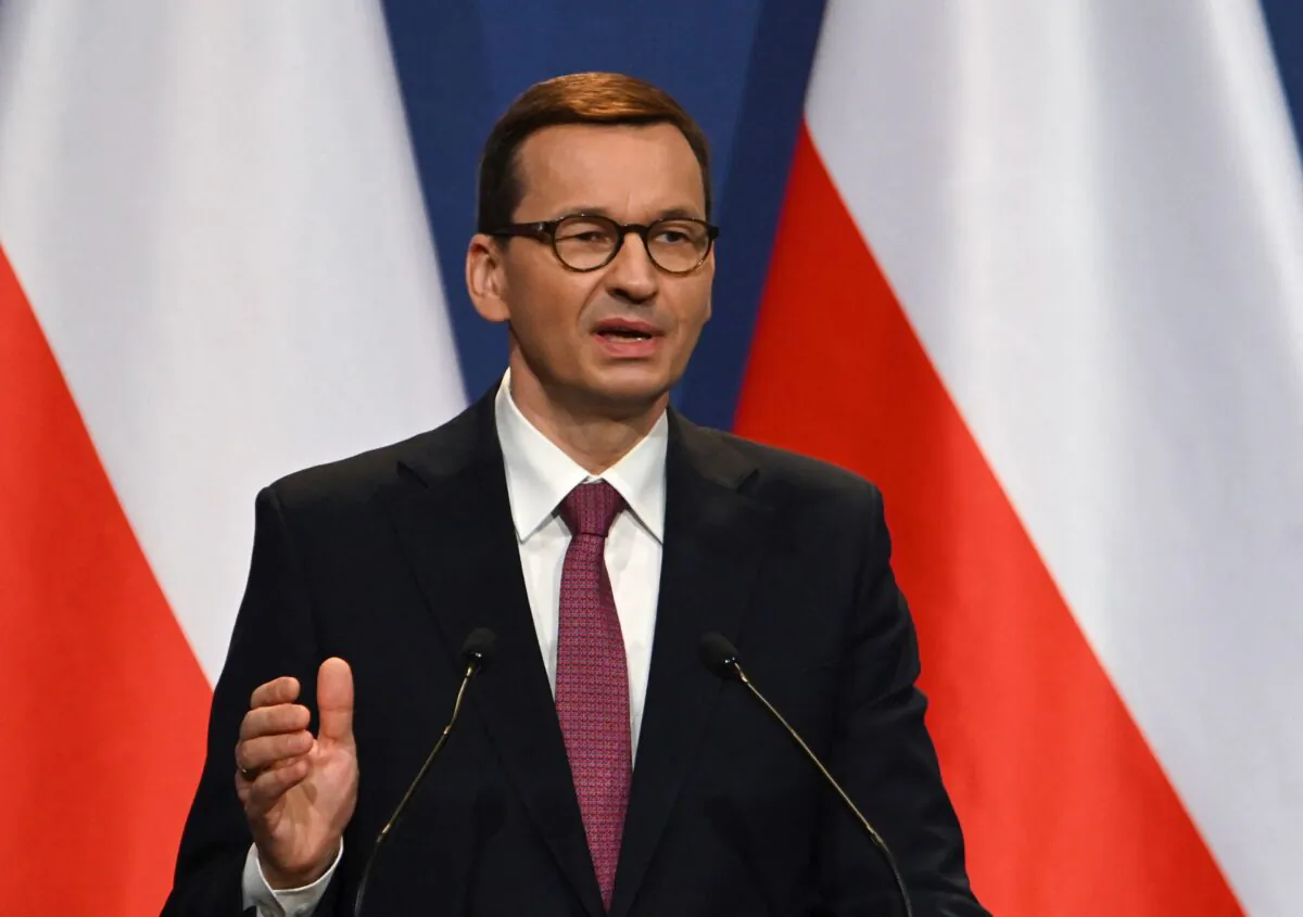 Polish Prime Minister Mateusz Morawiecki addresses a press conference in Budapest on April 1, 2021. (Attila Kisbenedek/AFP via Getty Images)