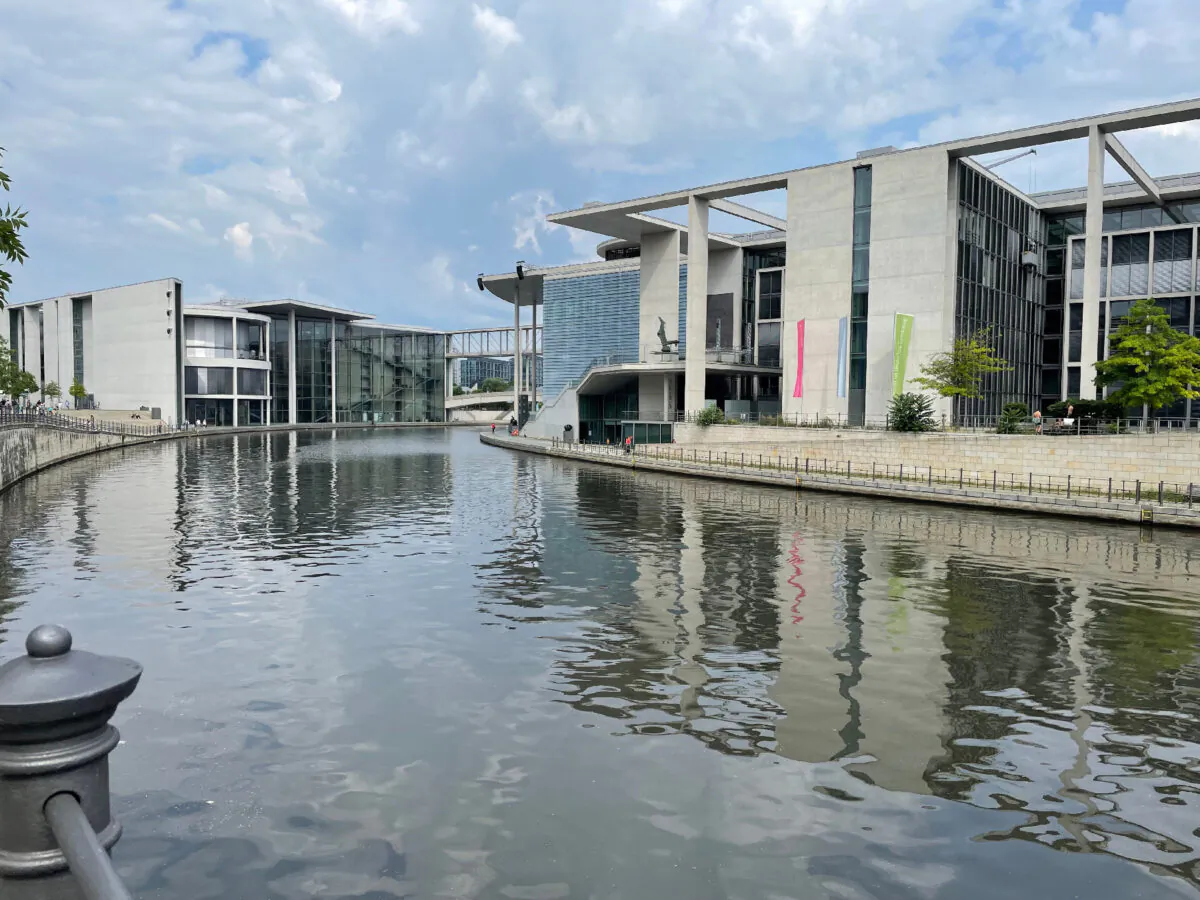 The river Spree runs past German Parliament office buildings in Berlin. (Lesley Sauls Frederikson)

