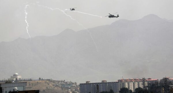 A U.S. Chinook helicopter flies