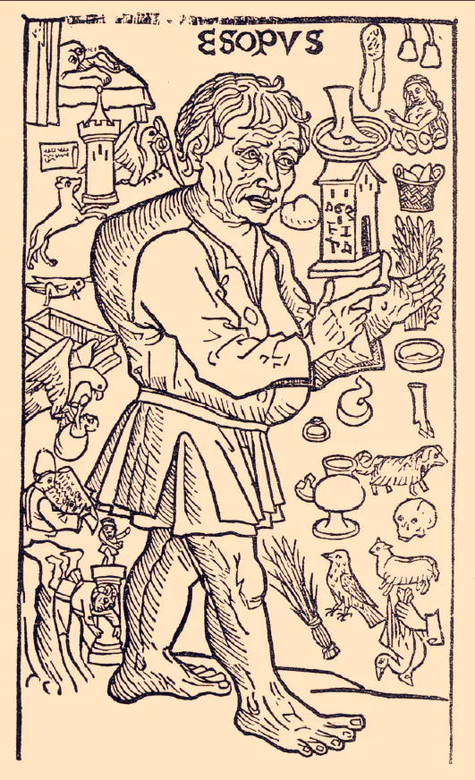 A detail from the facsimile of the 1489 Spanish edition of “Aesop's Fables” (“Fabulas de Esopo) published in Madrid in 1929. The frontispiece woodcut depicts Aesop surrounded by images and events from the “Life of Aesop” by Planudes. (PD)