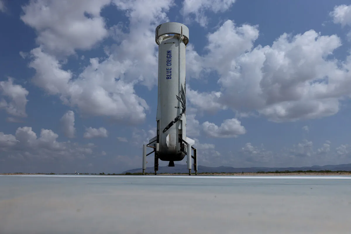 The booster for Blue Origin’s New Shepard sits on the landing pad after powering the rocket into space in Van Horn, Texas, on July 20, 2021. (Joe Raedle/Getty Images)
