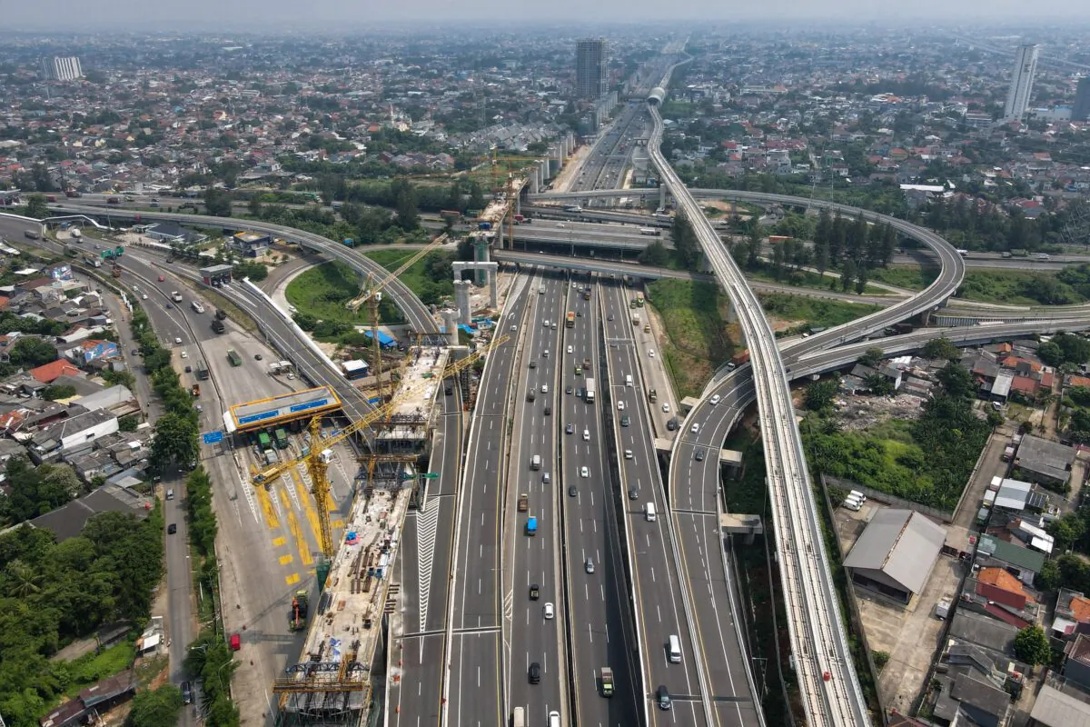 This aerial picture shows motorists commuting on a highway in Bekasi, West Java, Indonesia, on May 21, 2021. (Bay Ismoyo/AFP via Getty Images)