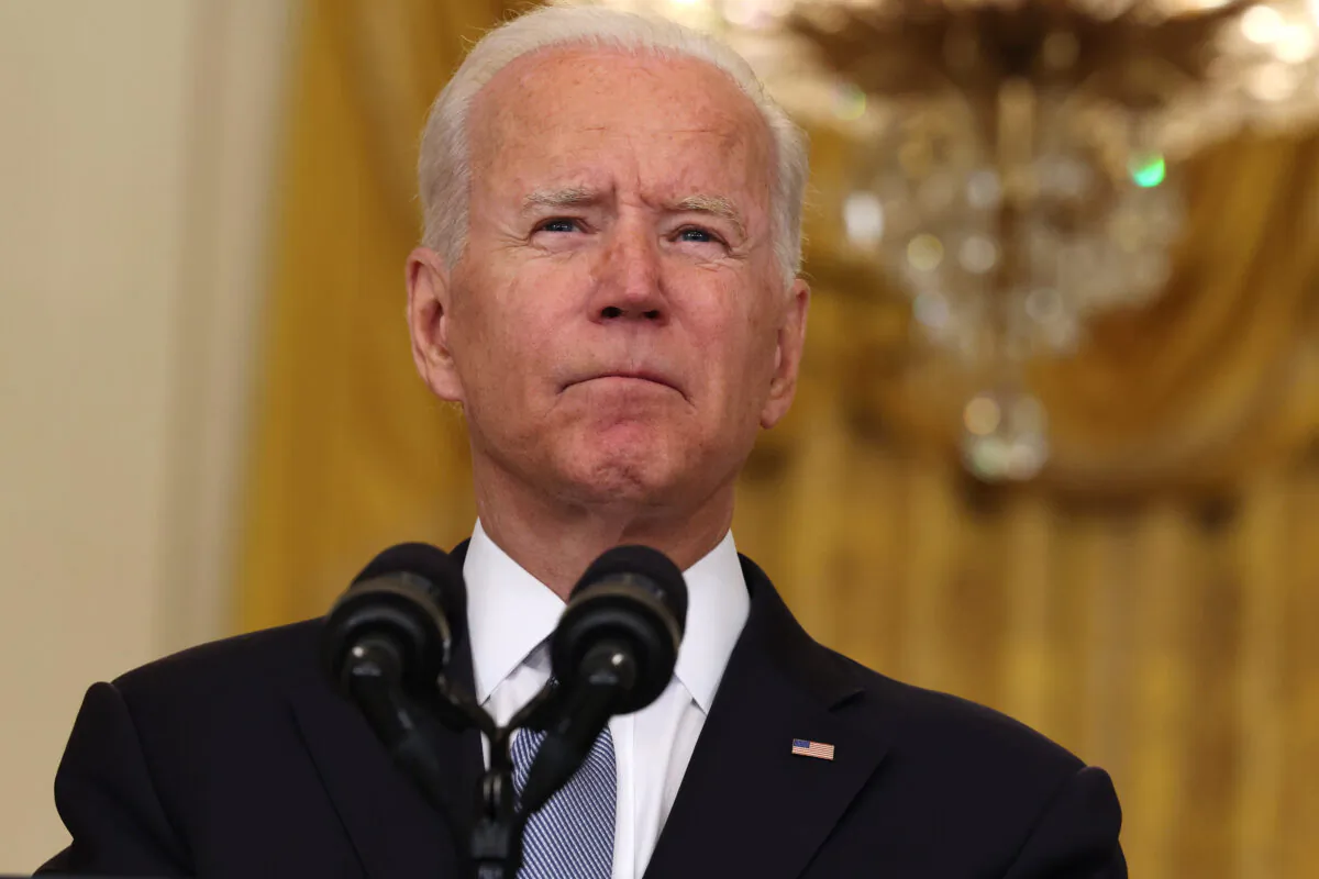 President Joe Biden pauses while giving remarks on the worsening crisis in Afghanistan from the East Room of the White House in Washington on Aug. 16, 2021. (Anna Moneymaker/Getty Images)