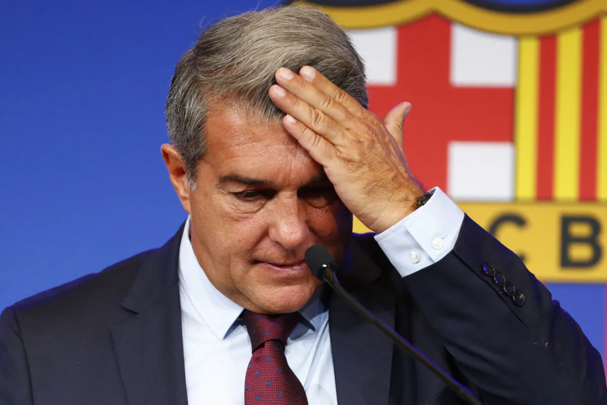 FC Barcelona club President Joan Laporta begins a news conference in Barcelona, Spain, on Aug. 6, 2021. (Joan Monfort/AP Photo)