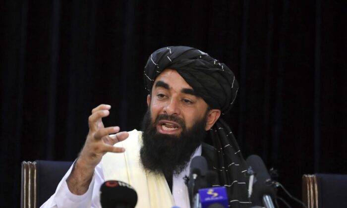 Taliban spokesman Zabihullah Mujahid speaks at his first news conference, in Kabul, Afghanistan, Tuesday, Aug. 17, 2021. (Rahmat Gul/AP Photo)