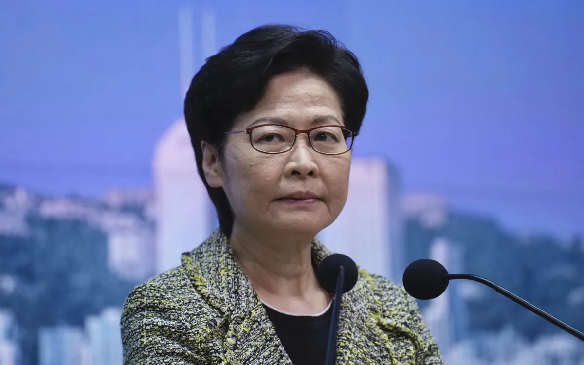 ​​Hong Kong Chief Executive Carrie Lam listens to reporters' questions during a press conference in Hong Kong on Aug. 17, 2021. (Vincent Yu/AP Photo)