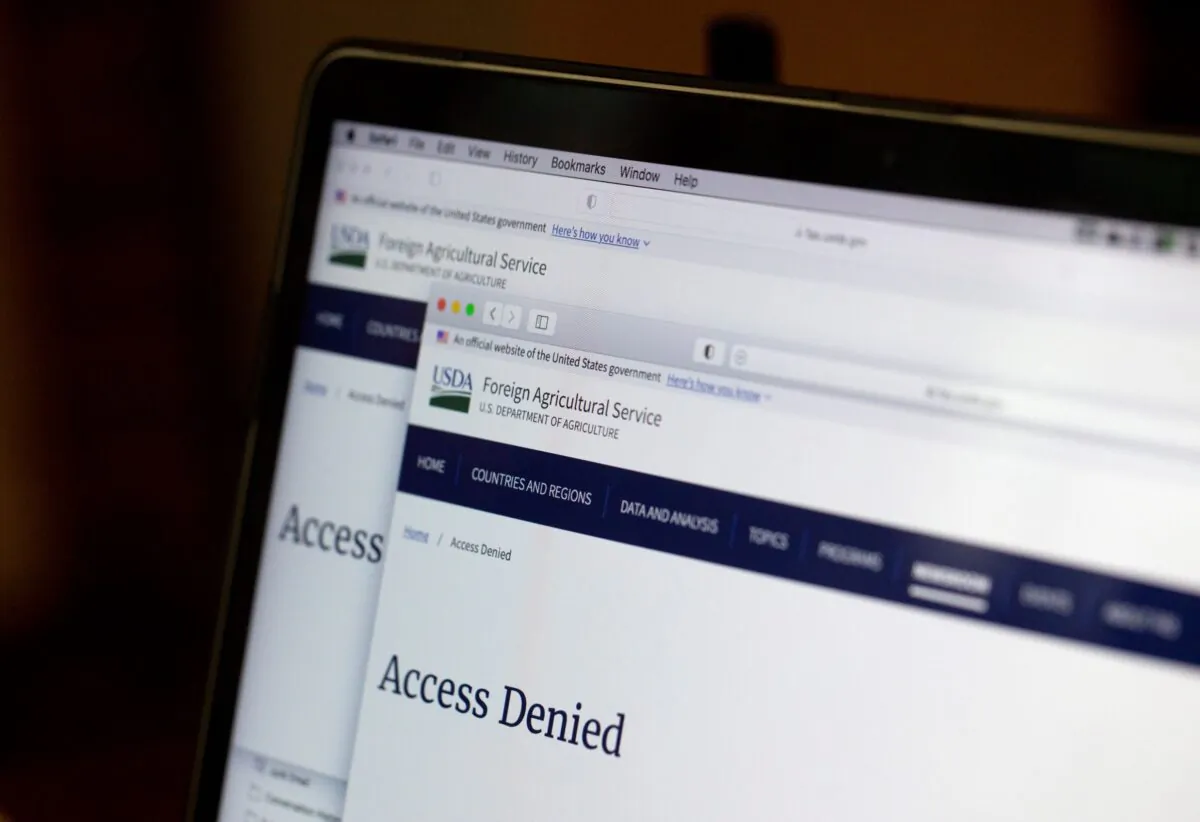 A computer screen displays a United States Department of Foreign Agriculture website page with the words "Access Denied" on it, in Washington, on Aug. 17, 2021. (Jenny Kane/AP Photo)