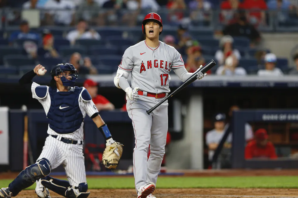 Los Angeles Angels designated hitter Shohei Ohtani (17) reacts after a called strike against the New York Yankees during the third inning of a baseball game in New York on Aug. 16, 2021. 
(AP Photo/Noah K. Murray)