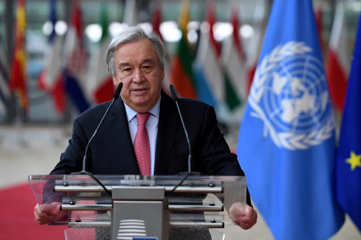 Secretary-General of the United Nations Antonio Guterres addresses the media as he arrives on the first day of the European Union summit at The European Council Building in Brussels, Belgium on June 24, 2021. (John Thys/Pool via Reuters)