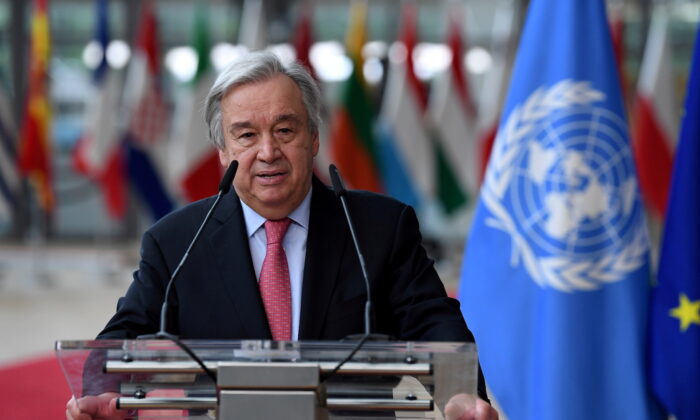 Secretary-General of the United Nations Antonio Guterres addresses the media as he arrives on the first day of the European Union summit at The European Council Building in Brussels, Belgium on June 24, 2021. (John Thys/Pool via Reuters)