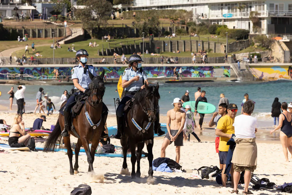 Mounted Police patrol at Bondi Beach as part of public health order compliance operations in Sydney, Australia, on Aug. 15, 2021. (Getty Images)