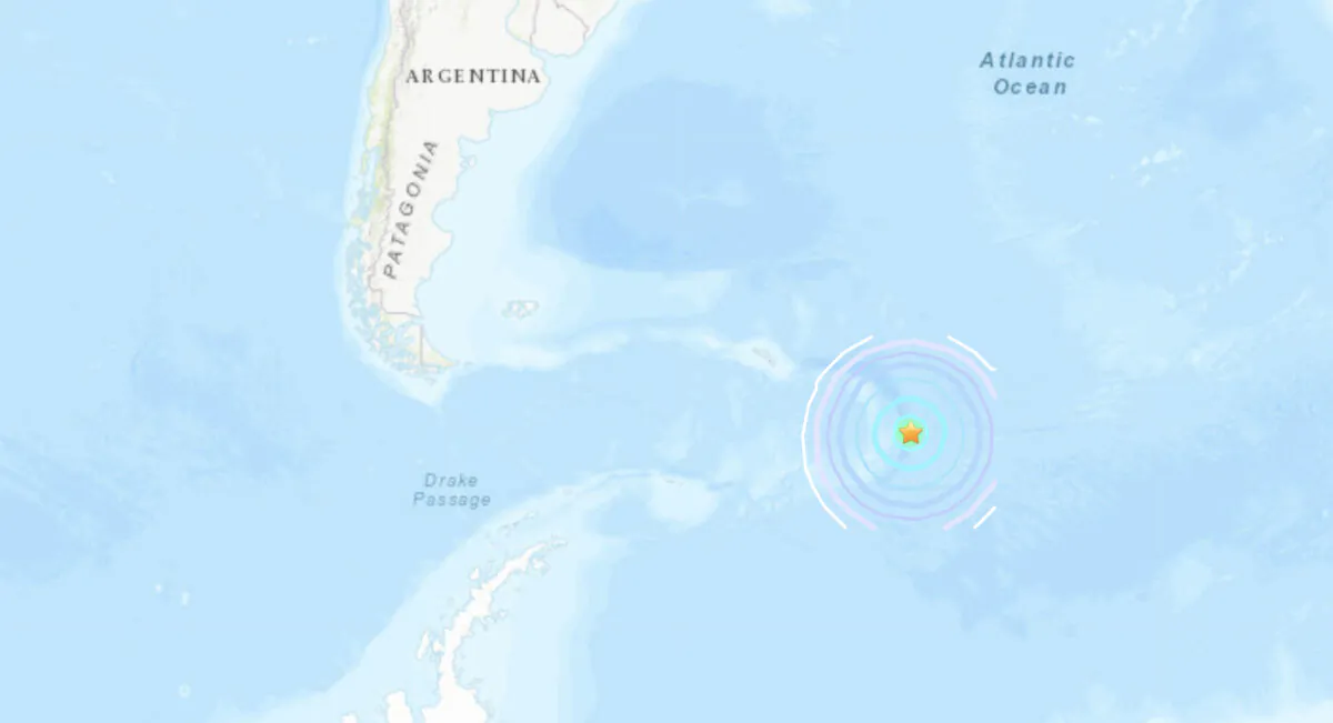 A map showing the location of a magnitude 6.9 earthquake that struck the South Sandwich Islands region on Aug. 16, 2021. (USGS)