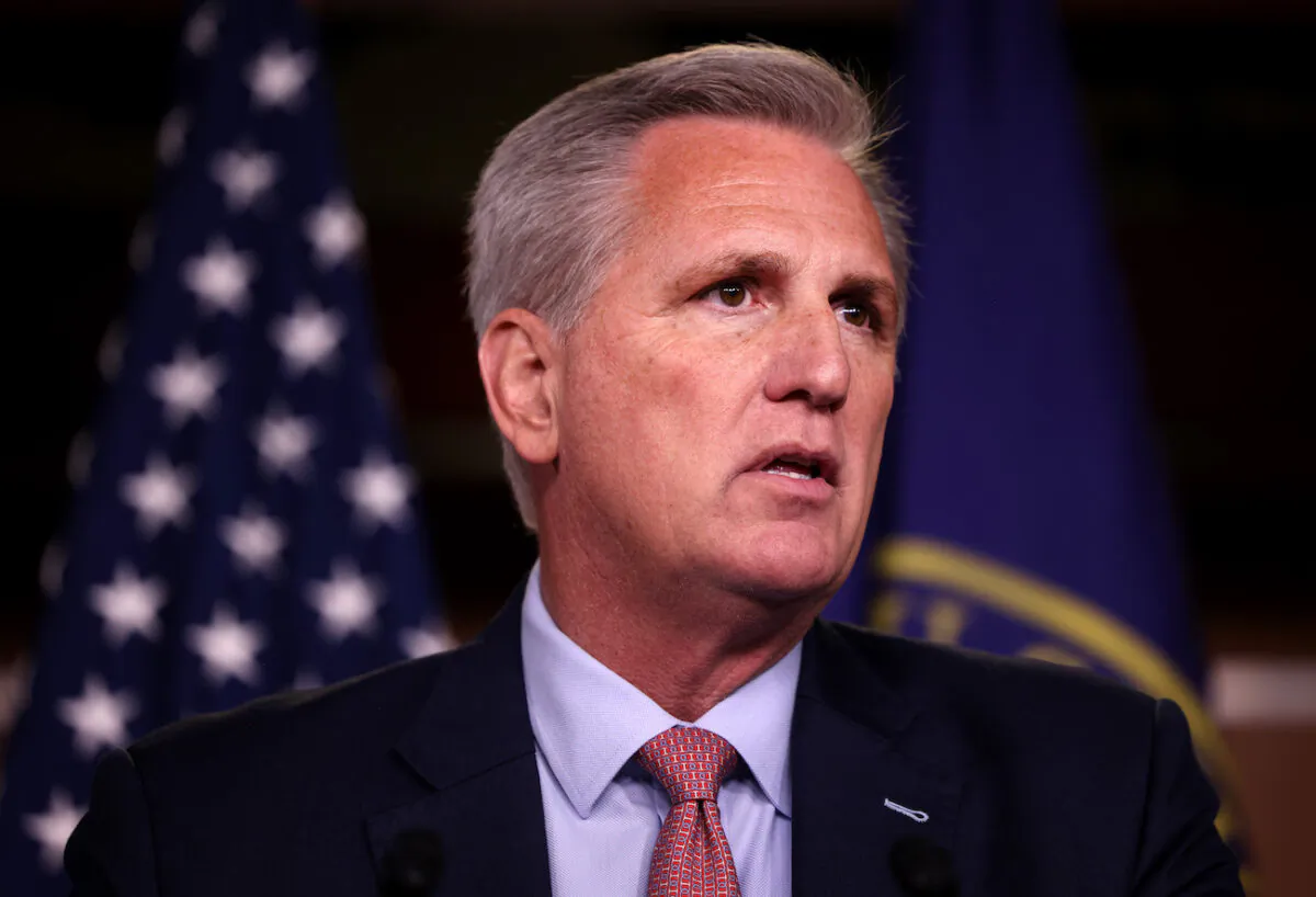 Then-House Minority Leader Kevin McCarthy (R-Calif.) speaks at a news conference in Washington on July 21, 2021. (Kevin Dietsch/Getty Images)