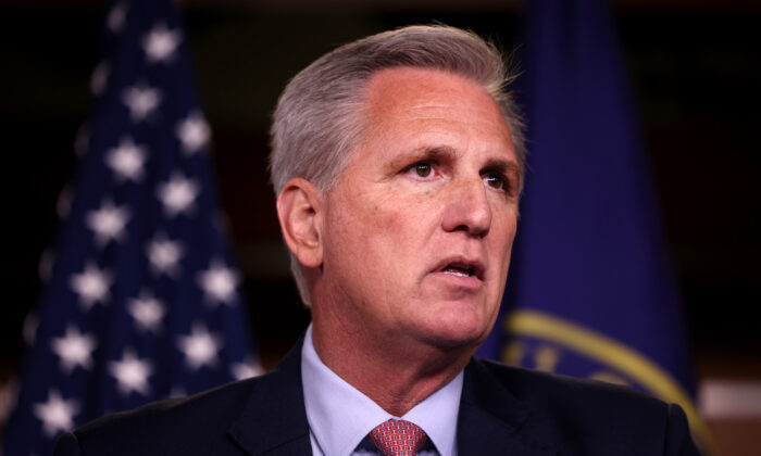 House Minority Leader Kevin McCarthy (R-Calif.) speaks at a news conference in Washington on July 21, 2021. (Kevin Dietsch/Getty Images)