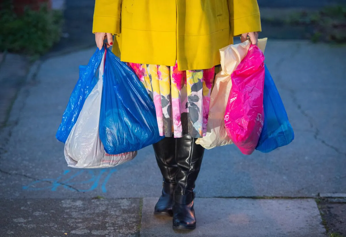 Shopping being carried in plastic carrier bags in England, UK, on Dec. 26, 2018. (Dominic Lipinski/PA)