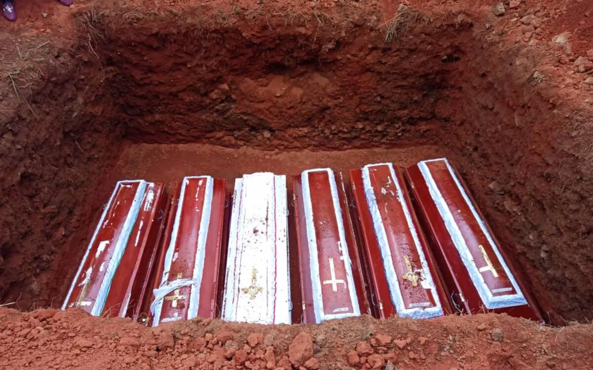 Coffins of six Irigwe Christian victims of sectarian violence interred in Jebbu-Miango, on Aug. 14, 2021. (Lawrence Zongo/The Epoch Times)