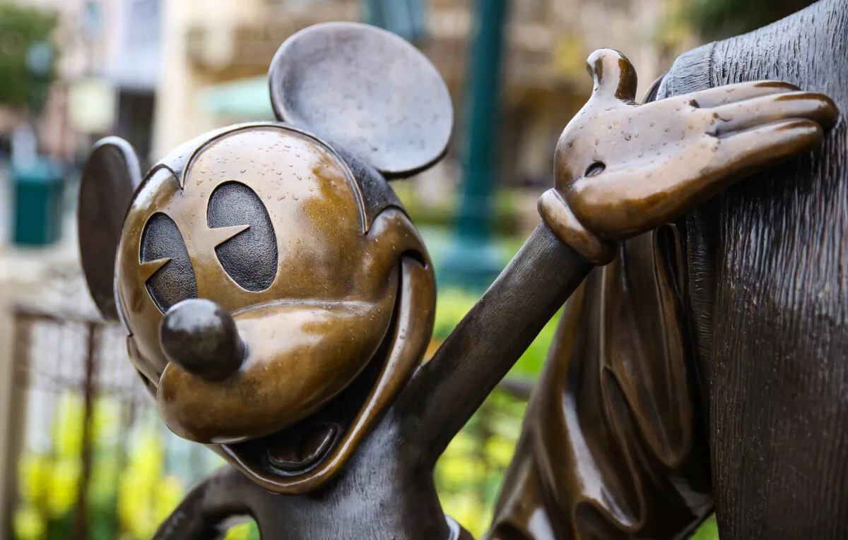 A statue of Mickey Mouse at Disney California Adventure themepark in Anaheim, Calif., on Feb. 1, 2021. (John Fredricks/The Epoch Times)