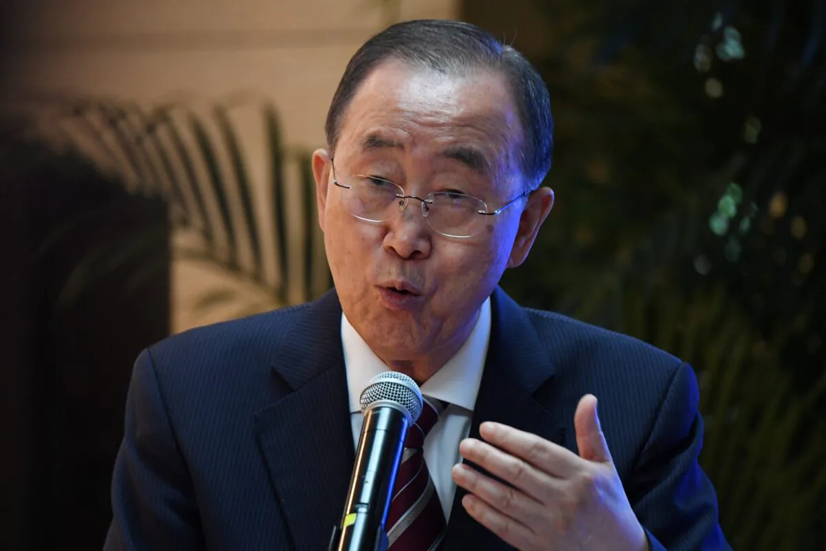 Former UN head Ban Ki-moon speaks at the launch of a report on climate adaptation, by the Global Commission on Adaptation, in Beijing, China on Sep. 10, 2019. (Photo credit should read Greg Baker/AFP via Getty Images)