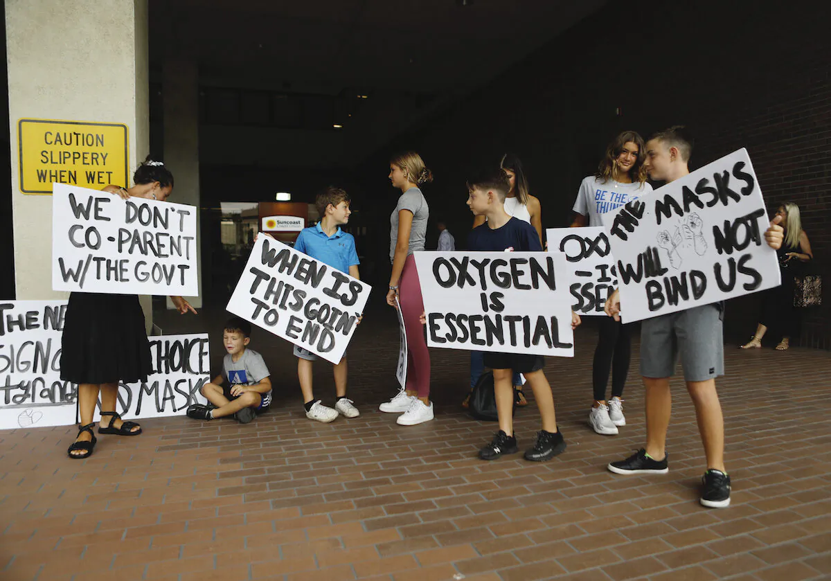 Families protest any potential mask mandates before the Hillsborough County Schools Board meeting held at the district office in Tampa, Fla., on July 27, 2021. (Octavio Jones/Getty Images)