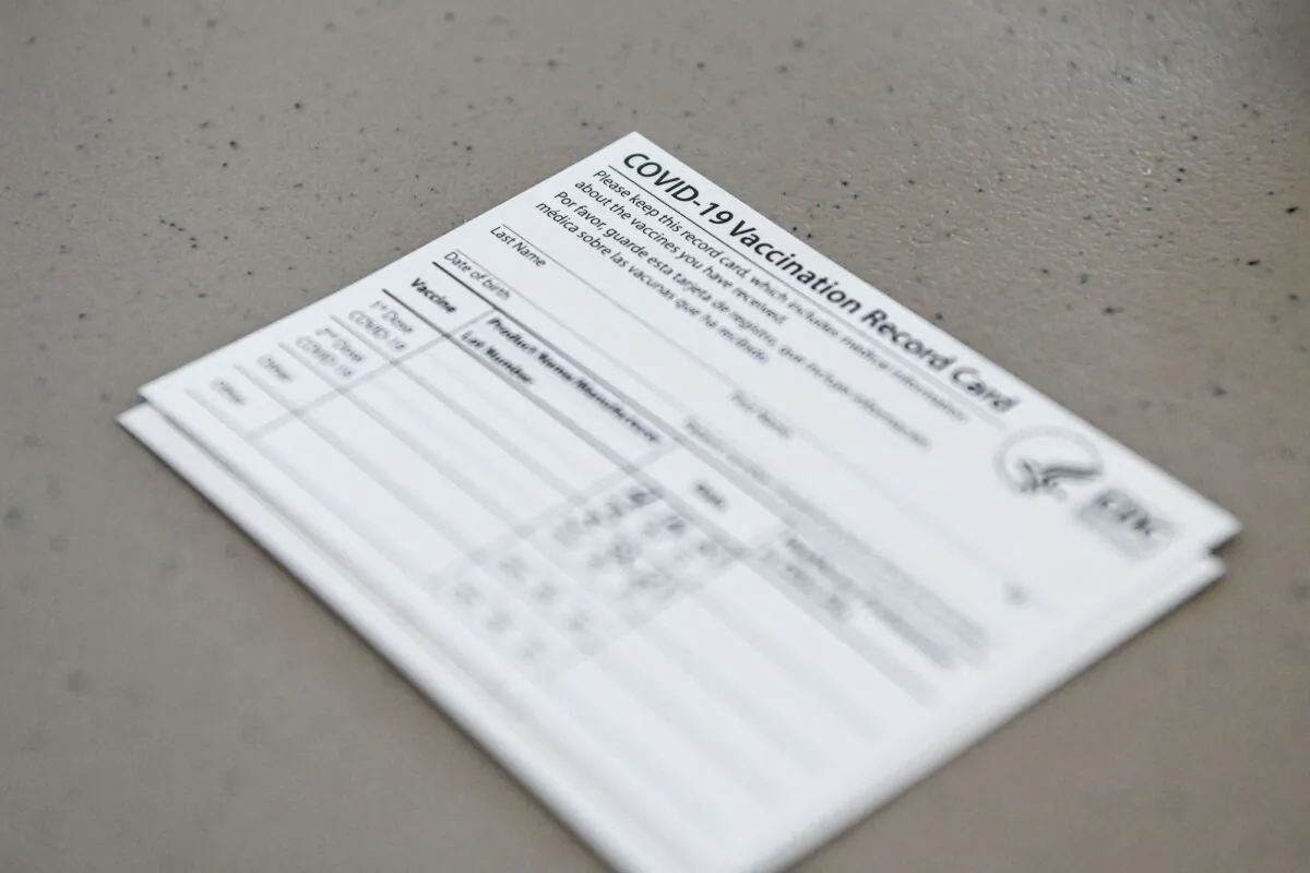 A COVID-19 vaccine record card is seen at a vaccination site in Miami Gardens, Fla., on April 14, 2021. (Chandan Khanna/AFP via Getty Images)