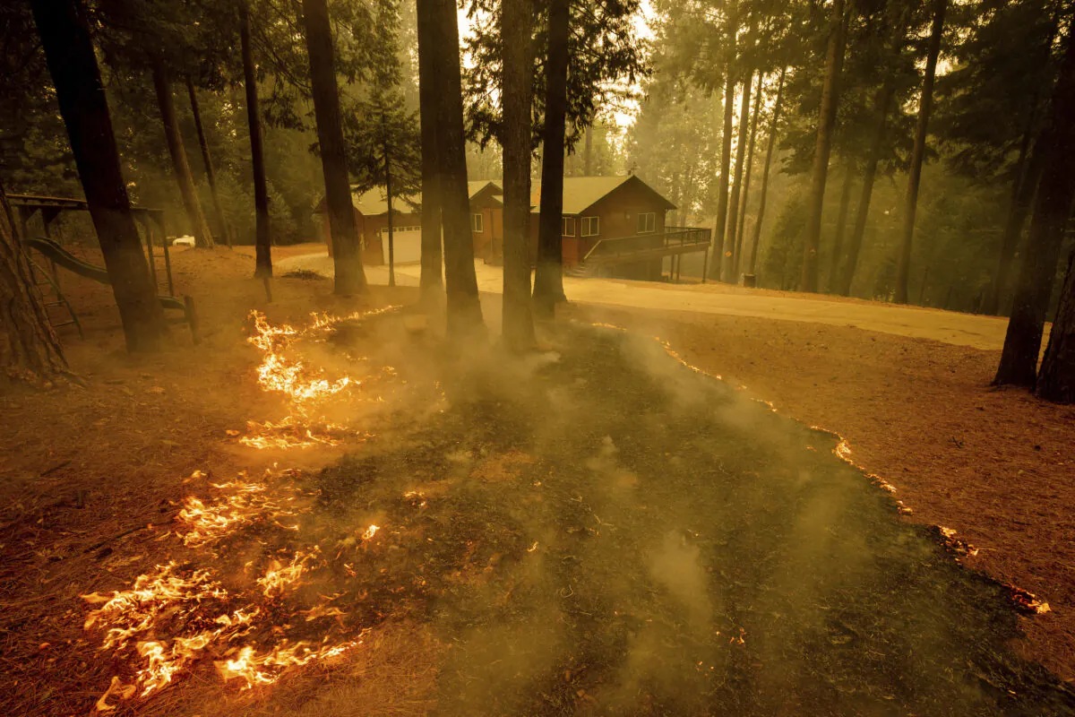 Flames from the Caldor Fire scorch the ground near a structure in Grizzly Flats, Calif., on  Aug. 18, 2021. (Ethan Swope/AP Photo)