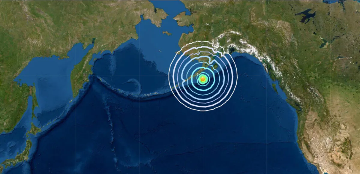 A map showing the location of a magnitude 6.9 earthquake that struck off the coast of the Alaska Peninsula early Saturday morning, on Aug. 14, 2021. (USGS)