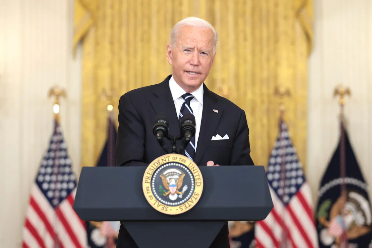 President Joe Biden delivers remarks in the East Room of the White House in Washington on Aug. 18, 2021. (Anna Moneymaker/Getty Images)
