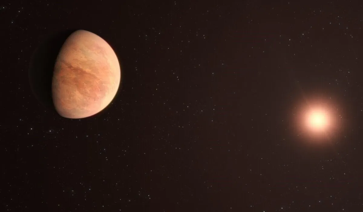 An artist’s impression of L 98-59b, one of the planets in the L 98-59 system 35 light-years away. The system contains four confirmed rocky planets with a potential fifth, the furthest from the star, being unconfirmed. (ESO/M. Kornmesser)