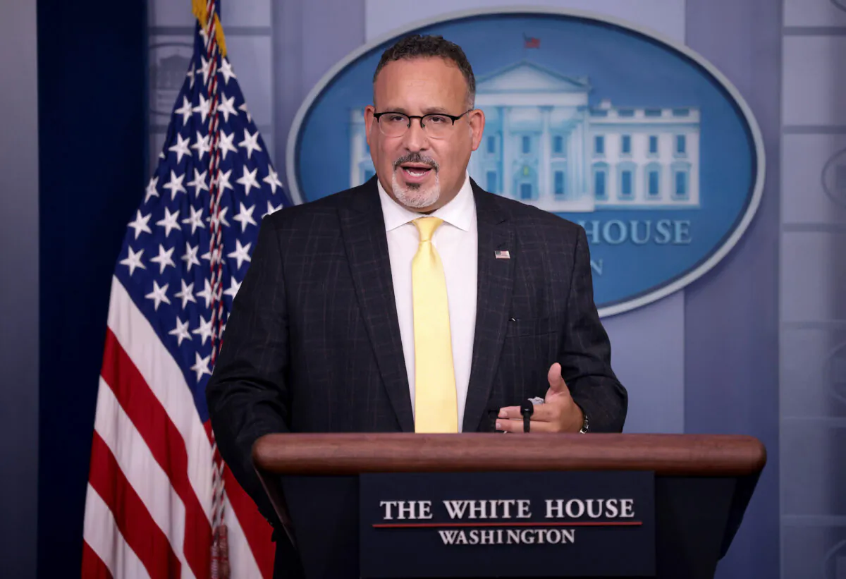 Secretary of Education Miguel Cardona answers questions during the daily briefing at the White House on Aug. 5, 2021. (Win McNamee/Getty Images)