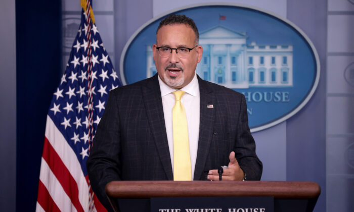 Secretary of Education Miguel Cardona answers questions during the daily briefing at the White House on Aug. 5, 2021. (Win McNamee/Getty Images)