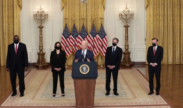 President Joe Biden delivers remarks on the U.S. military’s ongoing evacuation efforts in Afghanistan as he is joined by (L–R) U.S. Secretary of Defense Lloyd Austin, U.S. Vice President Kamala Harris, Secretary of State Antony Blinken, and White House national security adviser Jake Sullivan from the East Room of the White House on Aug. 20, 2021 (Anna Moneymaker/Getty Images)