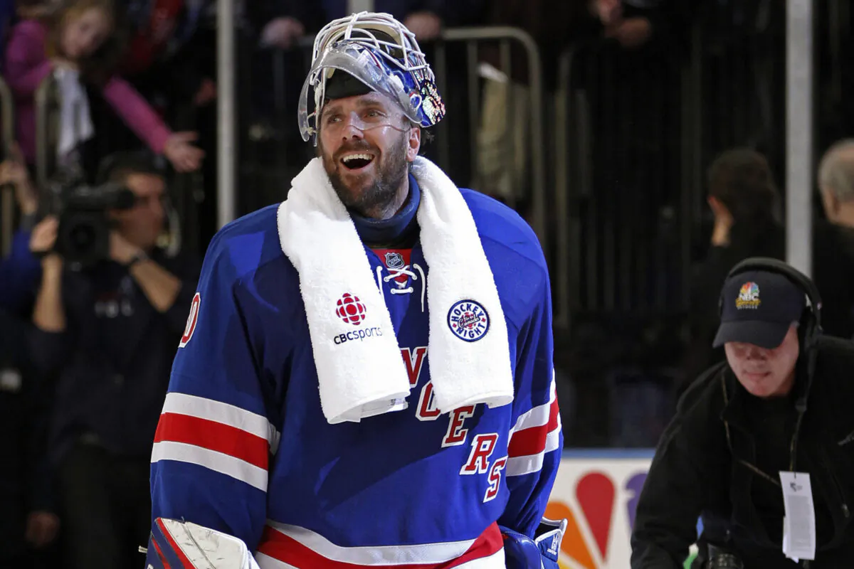 New York Rangers goalie Henrik Lundqvist (30) reacts after the Rangers defeated the Washington Capitals in Game 7 of a second-round NHL hockey Stanley Cup playoff series at Madison Square Garden in New York, on May 12, 2012. (Kathy Willens/AP Photo)