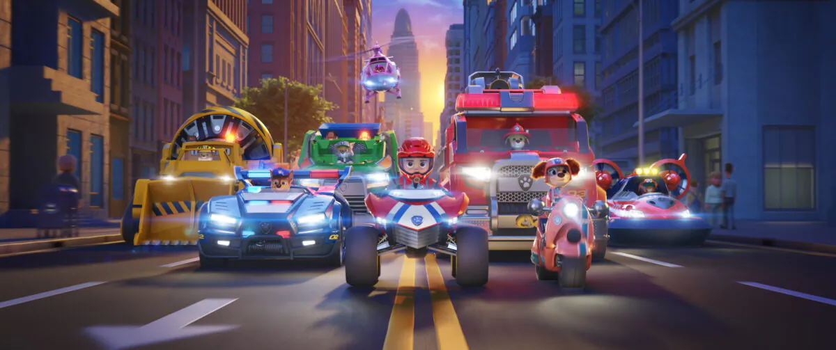 Rubble (voiced by Keegan Hedley), Chase (voiced by Iain Armitage), Rocky (voiced by Callum Shoniker), Skye (voiced by Lilly Bartlam), Ryder (voiced by Will Brisbin), Marshall (voiced by Kingsley Marshall), Liberty (voiced by Marsai Martin), and Zuma (voiced by Shayle Simons) in "Paw Patro: The Movie" from Paramount Pictures. (Spin Master/Handout via Reuters)