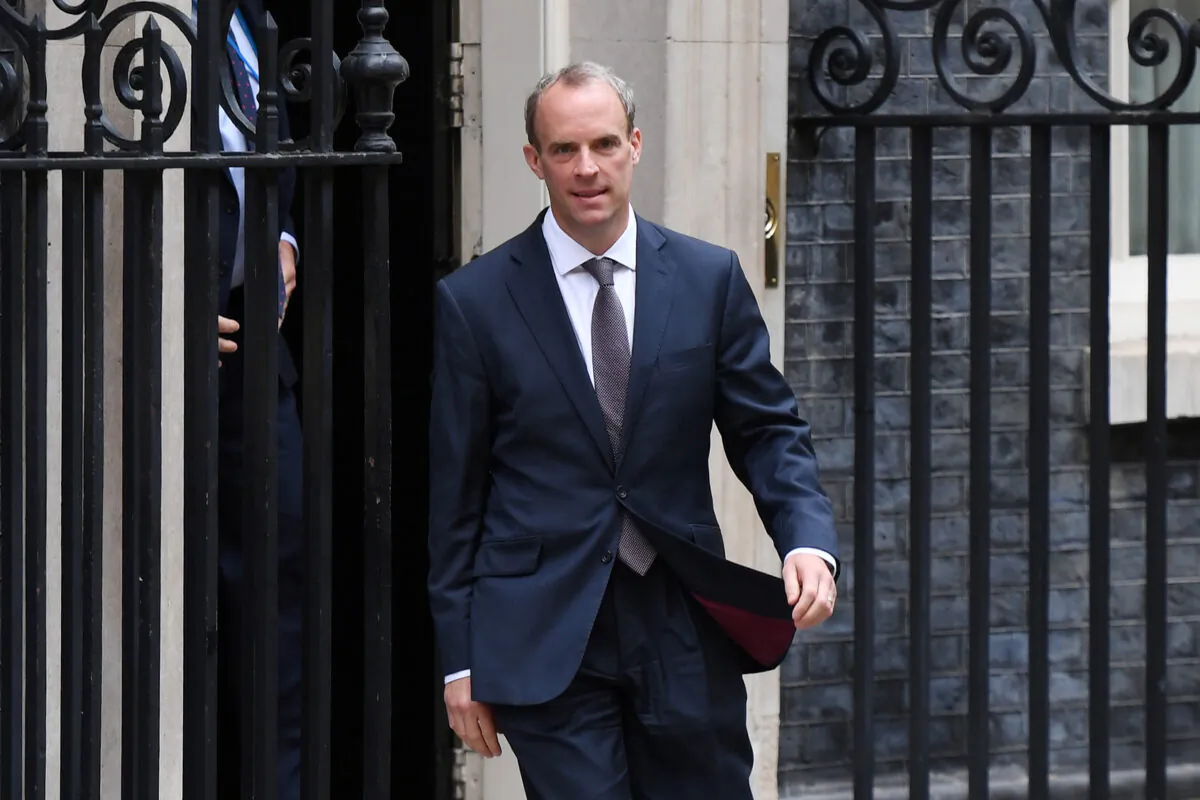 British Foreign Secretary Dominic Raab leaves Downing Street on Aug. 19, 2021. (Chris J Ratcliffe/Getty Images)