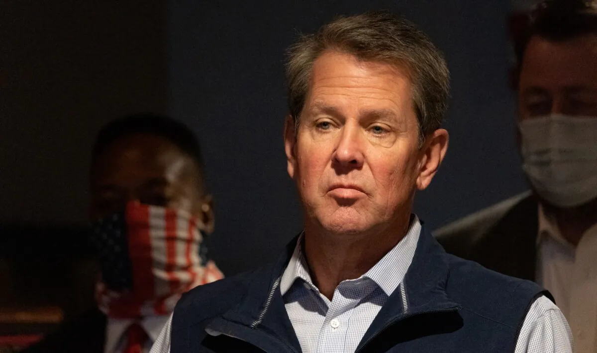 Georgia Gov. Brian Kemp speaks at a news conference about the state's new Election Integrity Law that passed this week at AJ’s Famous Seafood and Poboys in Marietta, Ga., on April 10, 2021. (Megan Varner/Getty Images)
